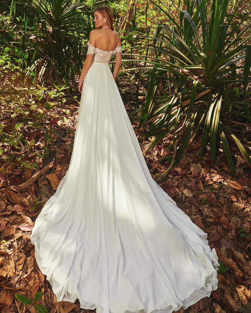 La20213 a line chiffon wedding dress with slit and strapless neckline2
